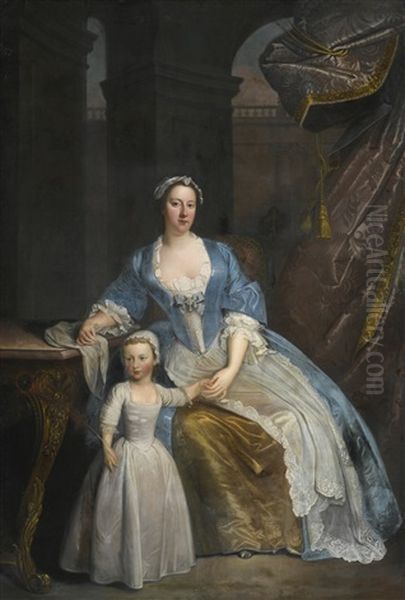 Portrait Of Elizabeth Beckford, Full-length, Seated In A Loggia With Her Son Peter Oil Painting by William Verelst