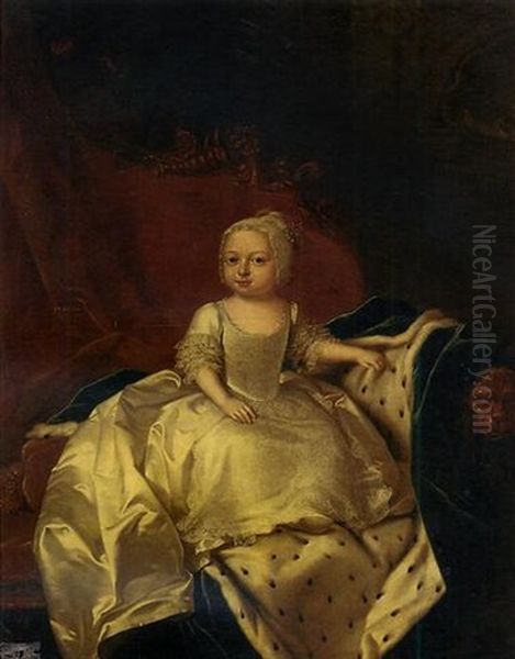 Portrait Of A Royal Child, Princess Caroline Matilda (?), In A Lace Dress And Bonnet, Seated On A Sofa Draped With A Blue Velvet Ermine-lined Cloak, In An Interior Oil Painting by William Verelst