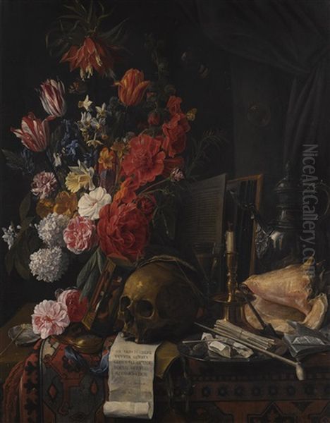 Vanitas Still Life With Flowers, A Skull, Hourglass, Conch Shell And Silver Jug On A Partially Draped Table Oil Painting by Franz Verendael