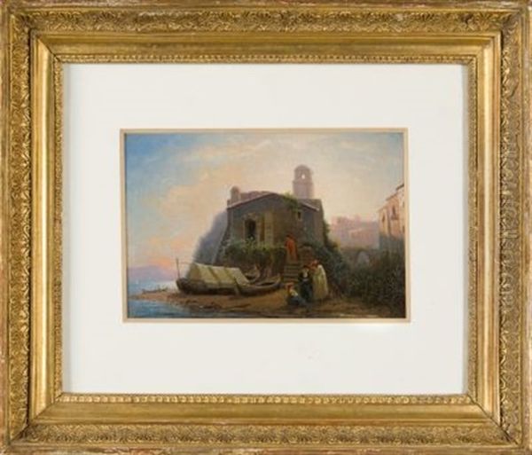 Blick Auf Ein Kloster An Der Kuste, Im Hintergrund Die Hauser Einer Stadt Bei Abendsonne Oil Painting by Vasili Petrovich Vereshchagin