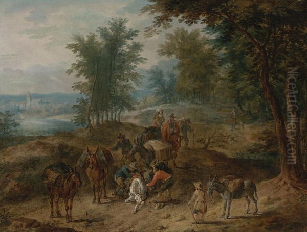 Travelers On A Wooded Path Oil Painting by Karel Van Breydel (Le Chevalier)