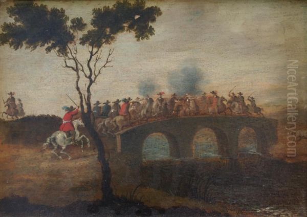 Cavalry Encounter On A Bridge Oil Painting by Karel Van Breydel (Le Chevalier)