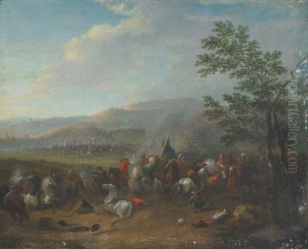 A Cavalry Skirmish In An Extensive River Landscape Oil Painting by Karel Van Breydel (Le Chevalier)