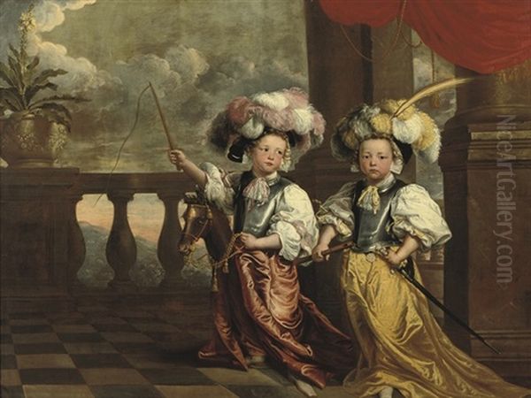 A Double Portrait Of Two Boys, Dressed As Knights, One Holding A Flute, The Other On A Hobby-horse Oil Painting by Johanna Vergouwen