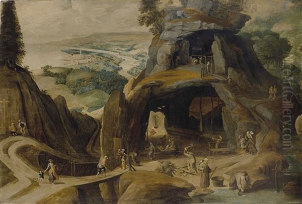 A Hermitage With Monks In A Mountainous Landscape, A Coastal Town Beyond Oil Painting by Tobias Verhaecht