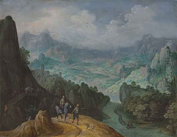 A Mountainous River Landscape With Travellers On A Path Oil Painting by Tobias Verhaecht