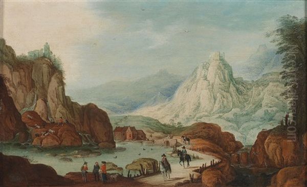 A Mountainous River Landscape With Horsemen Oil Painting by Tobias Verhaecht