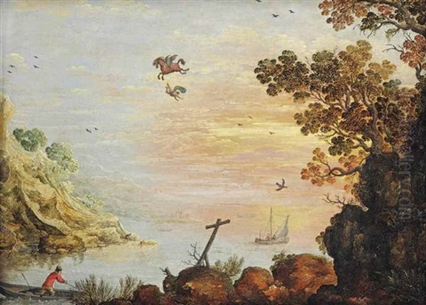 A Mountainous Seascape At Sunset With Bellerophon Falling Off Pegasus' Back, Fishermen In Boats And A Cross In The Foreground Oil Painting by Tobias Verhaecht