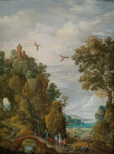 Gebirgige Flusslandschaften Mit Reicher Figurenstaffage Und Dem Fall Des Ikarus (pair) by Tobias Verhaecht