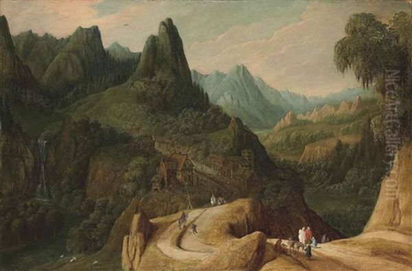 A Mountainous Landscape With Travellers On A Track by Tobias Verhaecht