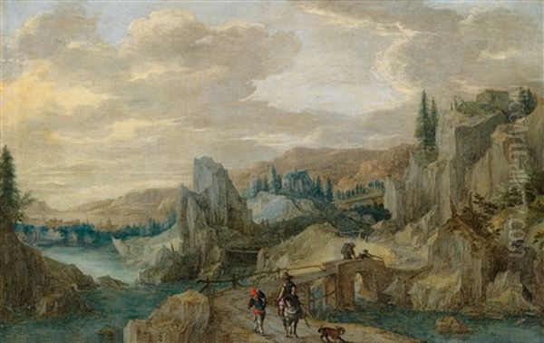 Gebirgslandschaft Mit Zwei Jagern Auf Einer Brucke Und Rastendem Gamsjager Oil Painting by Tobias Verhaecht