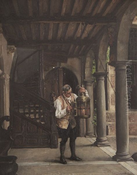 Homme A La Lanterne Sous La Galerie Au Musee Plantin Et Moretus Oil Painting by Pieter J. Verhaert