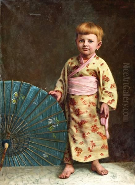 Kindje In Kimono Met Blauwe Parasol Oil Painting by Jan Hendrick Breyer