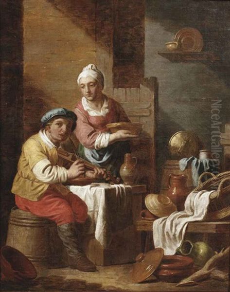 A Kitchen Interior With A Man Playing The Violin And A Woman Standing Beside Him Oil Painting by Jean Joseph (Pottekens-Verhaghen) Verhaghen