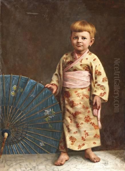 Kindje In Kimono Met Blauwe Parasol Oil Painting by Jan Hendrick Breyer