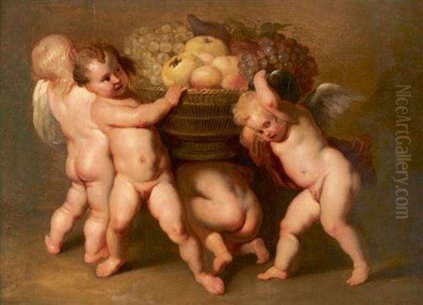 Quatre Putti Tenant Une Corbeille De Fruits (after Pierre-paul Rubens) Oil Painting by Pierre Jean Joseph Verhaghen