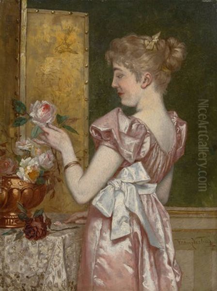 Jeune Femme Composant Un Bouquet De Fleurs by Frans Verhas