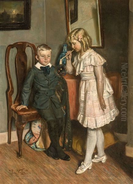 Children Blowing Bubbles Oil Painting by Jan Frans Verhas