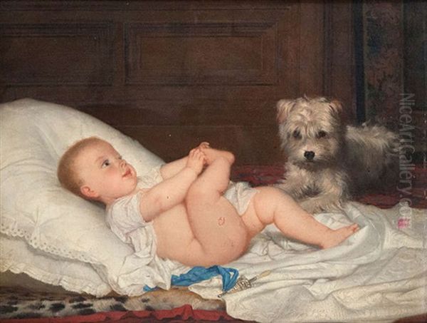 Enfant Sur Coussin Et Chien Oil Painting by Jan Frans Verhas