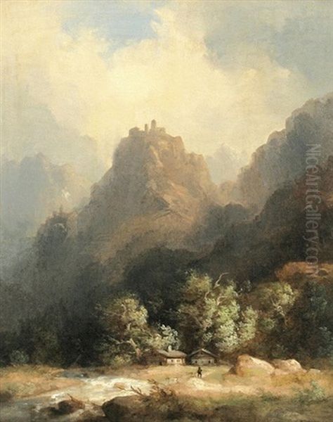 Gebirgslandschaft Mit Burgruine Auf Berggipfel, Im Vordergrund Zwei Hauser Am Oil Painting by Theodor Verhas