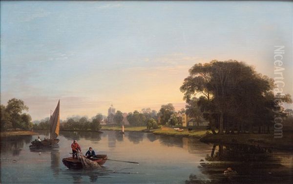 Summer River Landscape With Fishermen Bringing In The Net Oil Painting by Hendrik Frederik Verheggen