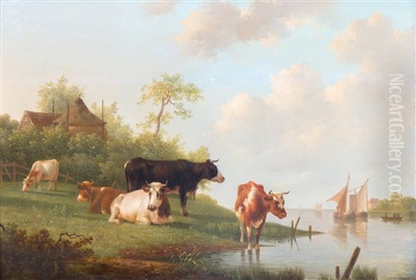 Cattle Grazing Alongside The Riverbank Oil Painting by Hendrik Frederik Verheggen