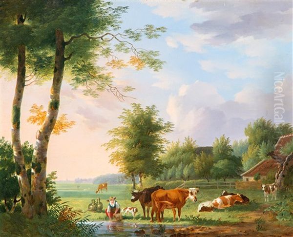 Boerin Met Koeien En Hond Aan Een Drenkplaats Oil Painting by Hendrik Frederik Verheggen