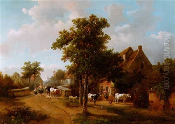 Viehtrieb In Einem Dorf In Geldern Oil Painting by Hendrik Frederik Verheggen