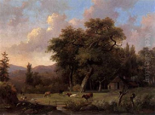 Hirte Mit Schafen Und Kuhen Am Waldbach Oil Painting by Hendrik Frederik Verheggen