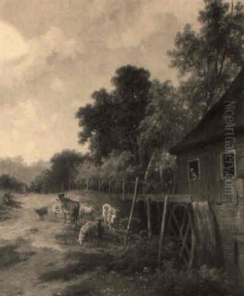 A Herdsman And Cattle Resting Near A Watermill Oil Painting by Hendrik Frederik Verheggen