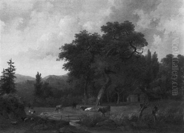 A Wooded Landscape With Cattle In A Meadow Along A Ditch, A Farm Nearby Oil Painting by Hendrik Frederik Verheggen