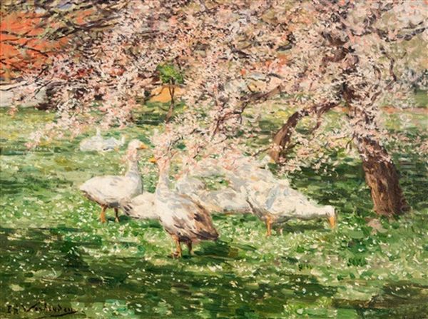 Geese In A Spring Orchard Oil Painting by Isidoor Verheyden