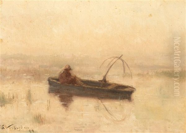 Fisherman In A Sloop With His Hand Lift Net (1899) Oil Painting by Isidoor Verheyden