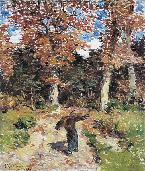 Woman Gathering Wood (1897) Oil Painting by Isidoor Verheyden