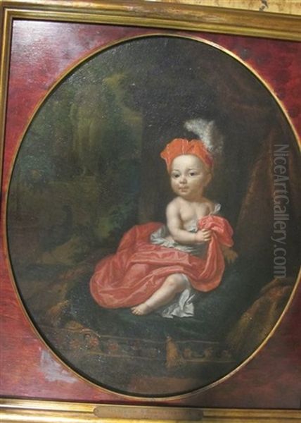 Jeune Prince Assis De Trois-quarts Sur Un Coussin De Velours, En Habit Et Bonnet Rouges, Dans Le Jardin D'un Palais Oil Painting by Mattheus Verheyden