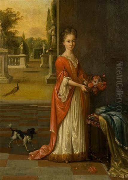 Portrait Of A Young Girl, In A White Dress And Red Gown Oil Painting by Mattheus Verheyden