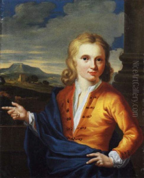 Portrait Of A Young Gentleman In A Tunic And A Blue Mantle, A Landscape Beyond Oil Painting by Mattheus Verheyden