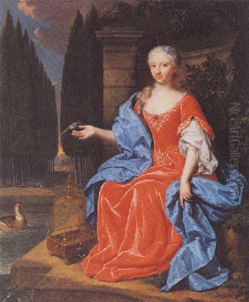 A Portrait Of A Lady In A Red Dress With A Blue Silk Wrap, Holding A Bird, With A Birdcage At Her Side, In A Garden Setting Oil Painting by Mattheus Verheyden