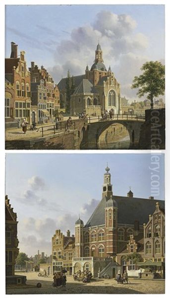 A Church Along A Canal, Holland; And A Busy Town Square, Holland Oil Painting by Jan Hendrik Verheyen