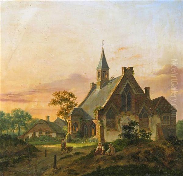 Workmen By A Country Church Oil Painting by Jan Hendrik Verheyen