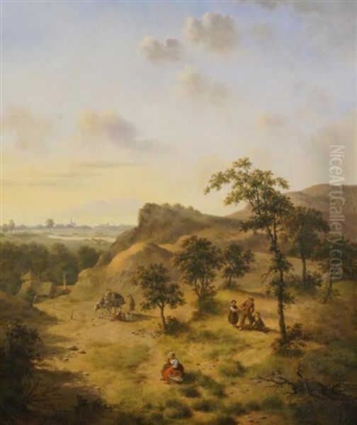 Houtsprokkelaars En Landschap Op Beboste Heuvel Oil Painting by Jan Hendrik Verheyen