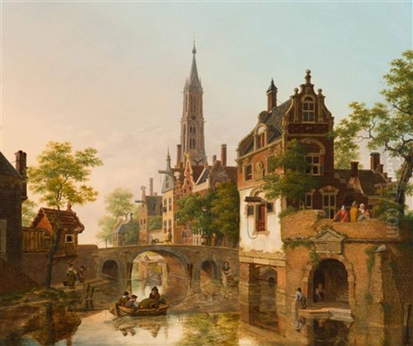 A Sunny Day On The Canal Oil Painting by Jan Hendrik Verheyen