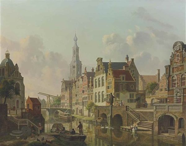 A Busy Canal In Holland Oil Painting by Jan Hendrik Verheyen