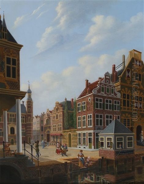 View On A Square In Rotterdam With Playing Children Oil Painting by Jan Hendrik Verheyen