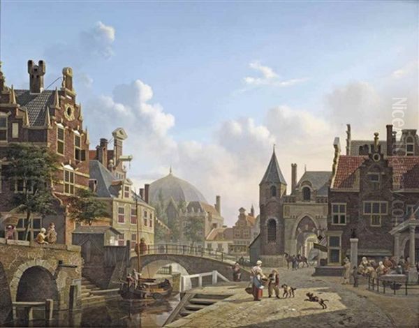 A Capriccio View Of A Sunlit Dutch Town Oil Painting by Jan Hendrik Verheyen