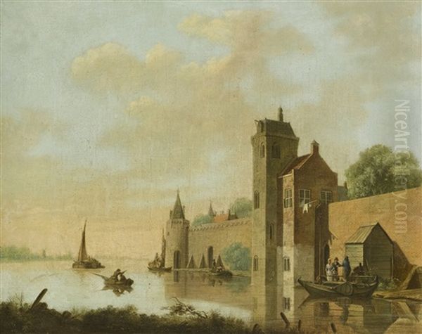 A River Landscape With A Walled Castle And Figures Boarding A Ferry Oil Painting by Jan Hendrik Verheyen