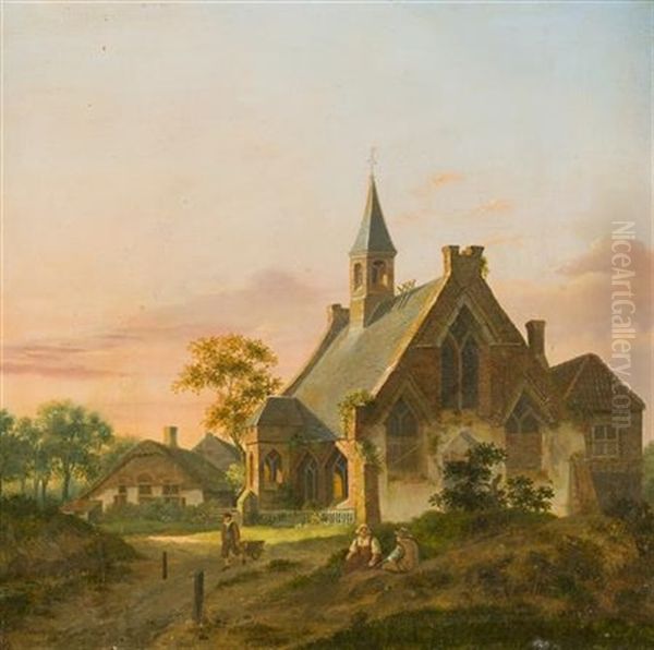 Figures In A Churchyard Oil Painting by Jan Hendrik Verheyen