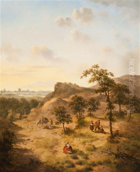 Wood Gatherers And Folk On A Wooded Hill Oil Painting by Jan Hendrik Verheyen