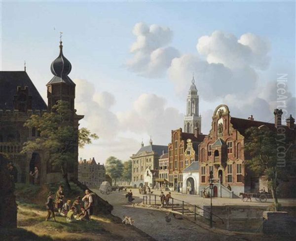 A Sunny Day On The Town Square Oil Painting by Jan Hendrik Verheyen