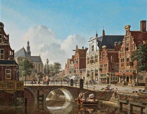 A Busy Canal, Utrecht Oil Painting by Jan Hendrik Verheyen